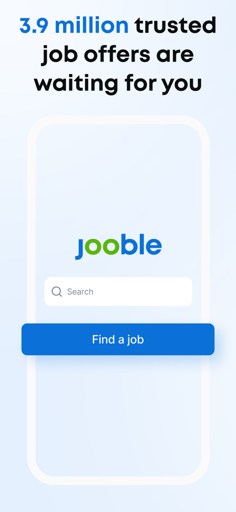 Pantalla de inicio de la aplicación Jooble que muestra tres punto nueve millones de ofertas de empleo confiables con una barra de búsqueda y un botón para encontrar empleo.