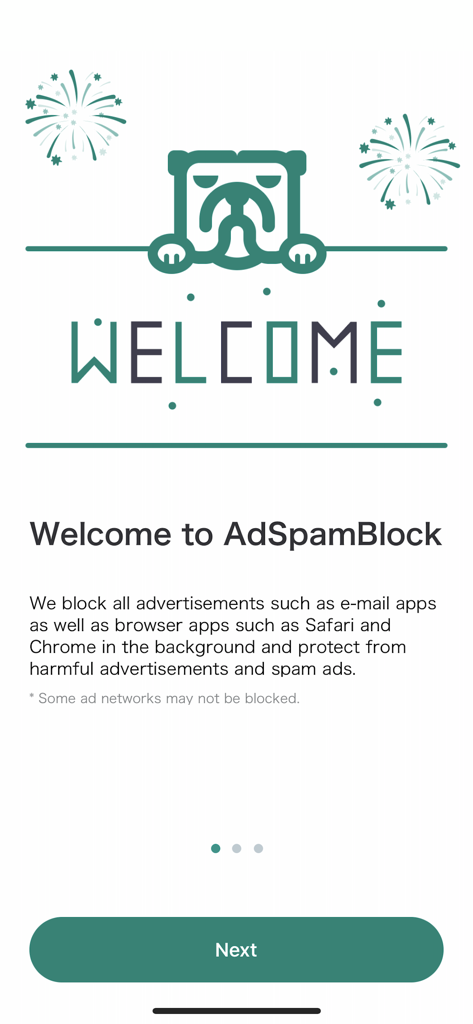 AdSpamBlock -adblocker - Welcome screen for AdSpamBlock featuring a bulldog mascot and information about blocking ads in browsers and email