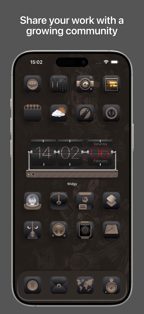 A customized iPhone home screen with a dark steampunk theme and a Widgy flip clock widget