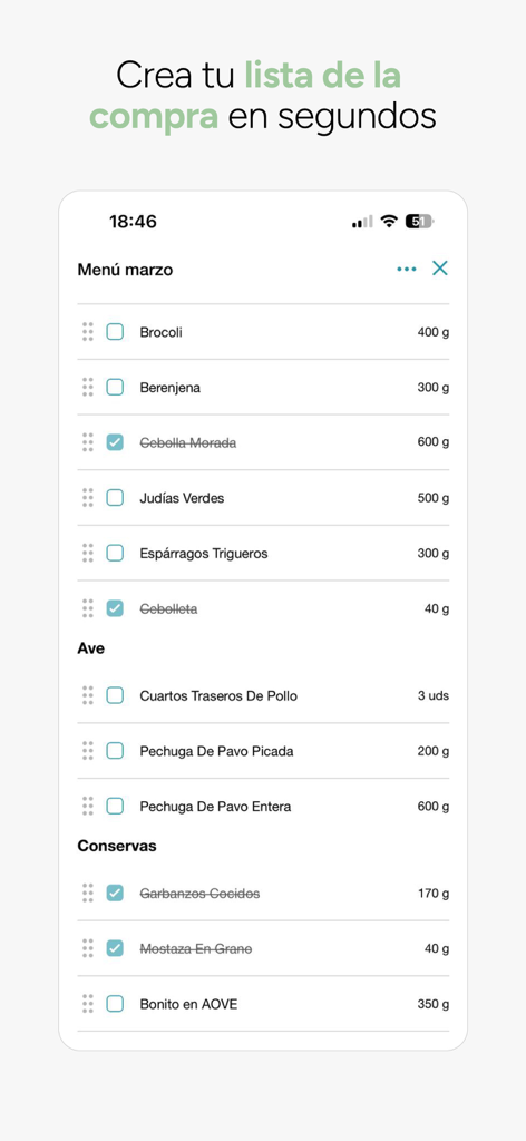 FuturApp - Ein mobiler Bildschirm der FuturApp, der eine organisierte Einkaufsliste mit Zutaten wie Gemüse und Hühnchen für eine gesunde Essensplanung anzeigt.