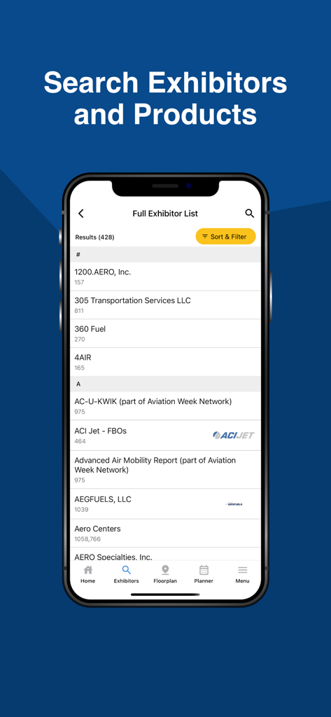 NBAA SDC2026モバイルアプリ内の航空業界出展者の検索可能なリスト