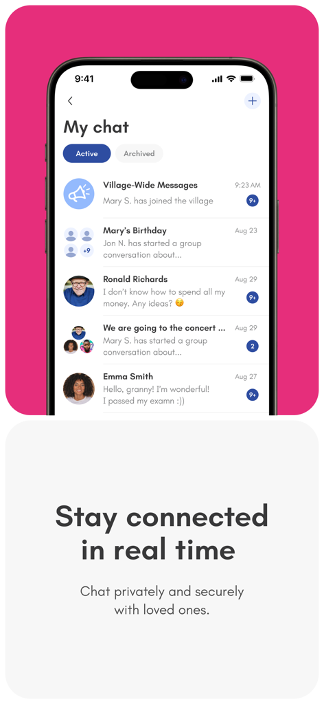 Caring Village - Secure messaging screen in the Caring Village app for real time family communication