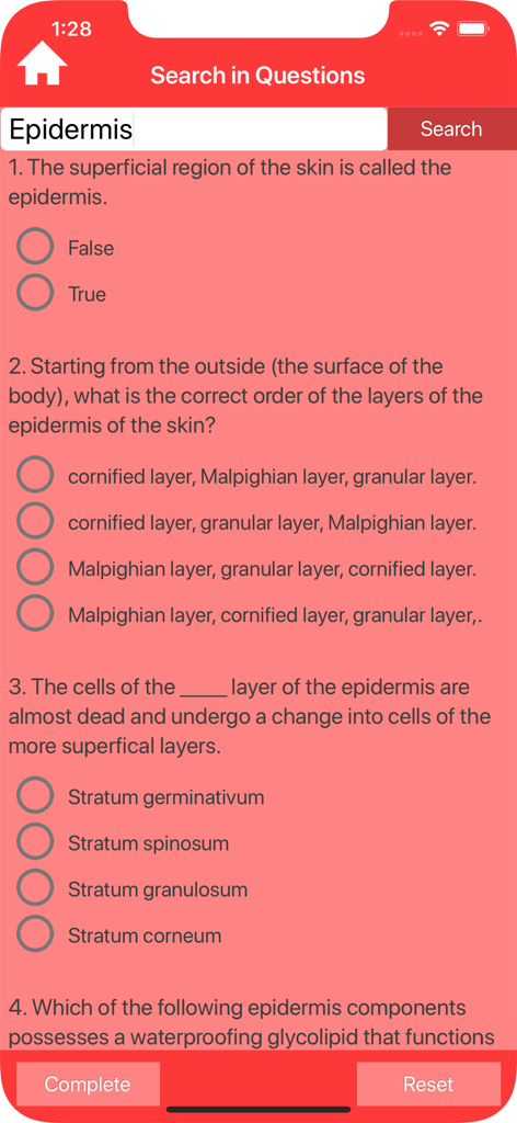 Integumentary System Trivia - Search screen within the Integumentary System Trivia app showing multiple choice questions about the epidermis.