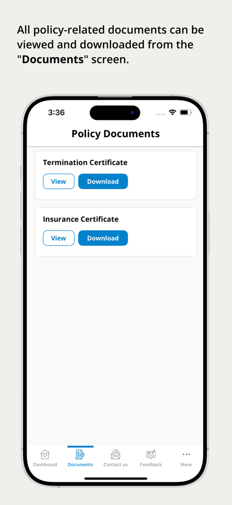 Cosmos Insurance app screen showing downloadable policy documents like insurance and termination certificates.