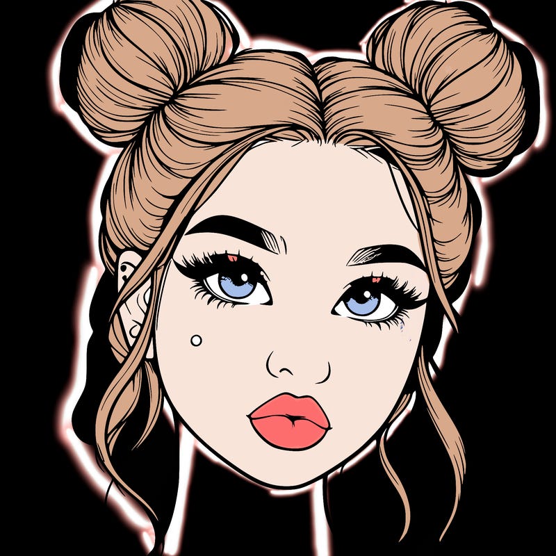 realistic girl with two buns on her hair and lips