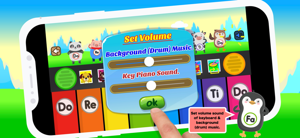 Piano rhymes animal noises - A volume settings menu in the kids piano rhymes app showing sliders for background music and piano keys.