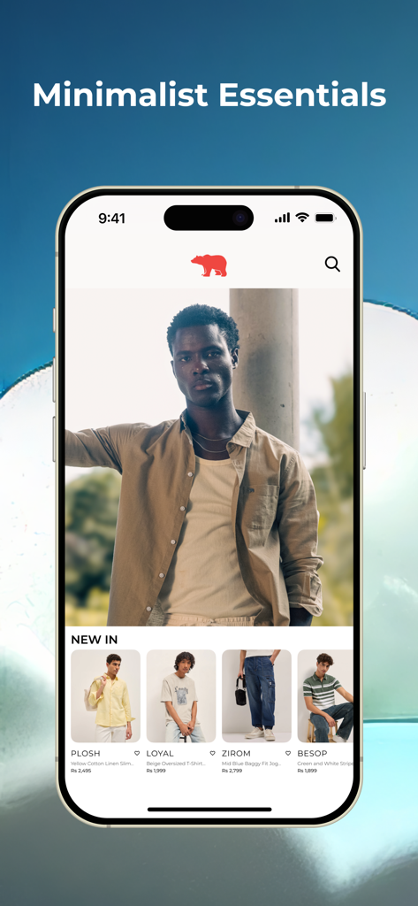 Mobile app interface of The Bear House displaying minimalist men's fashion essentials and a new in product section