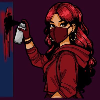 realistic girl with mask spray painting a wall