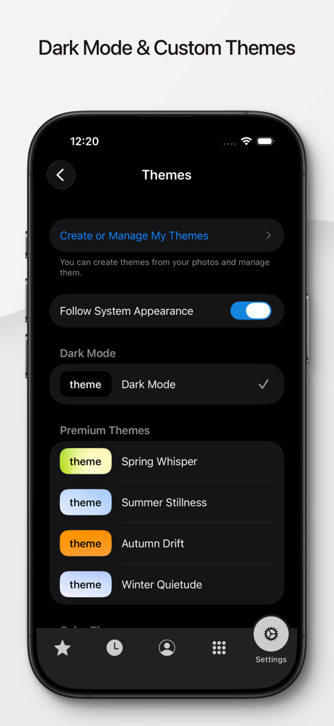 Perfect Dialer app settings screen showing dark mode and custom theme options