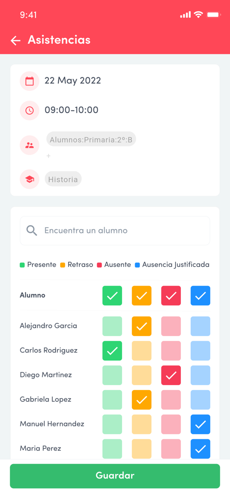 Dinantia - Interfaz móvil de la aplicación Dinantia que muestra una lista de asistencia de alumnos con iconos de estado para presente, tarde y ausente