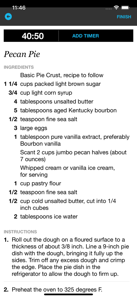 Screenshot of a Pecan Pie recipe in the Pepperplate app showing ingredients instructions and an active cooking timer