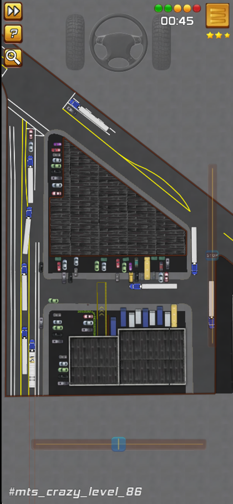 My U.S. Trucking Skills - Top down view of a complex truck parking level in the My US Trucking Skills app showing multiple trailers and steering wheel controls