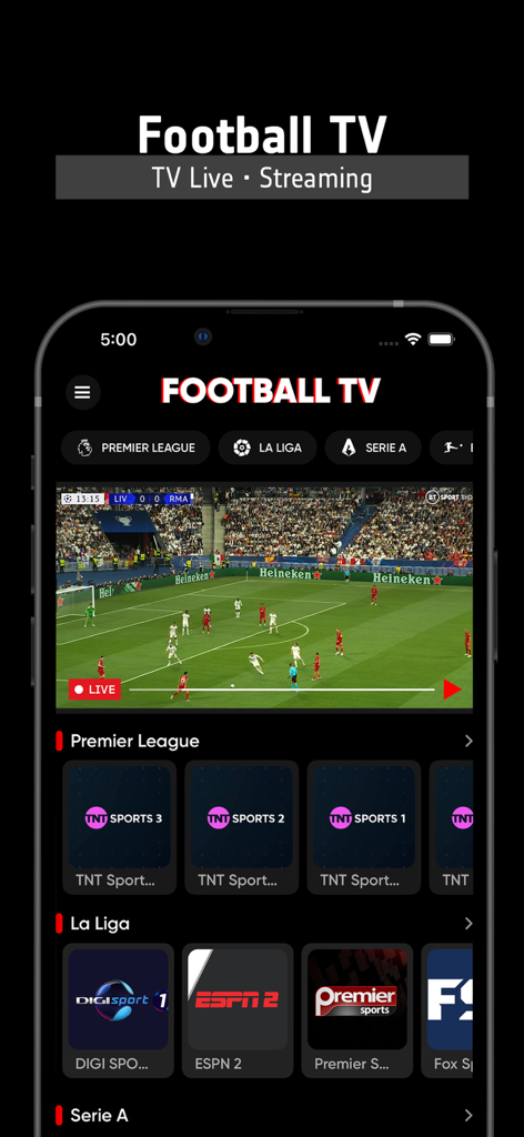 Aplicación móvil Football TV Live mostrando un partido de fútbol en vivo y categorías de canales deportivos para la Premier League y La Liga