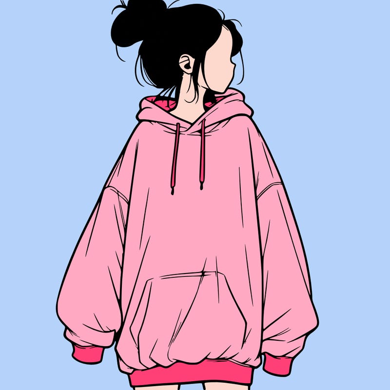 realistic girl with a oversized sweatshirt on and a bun