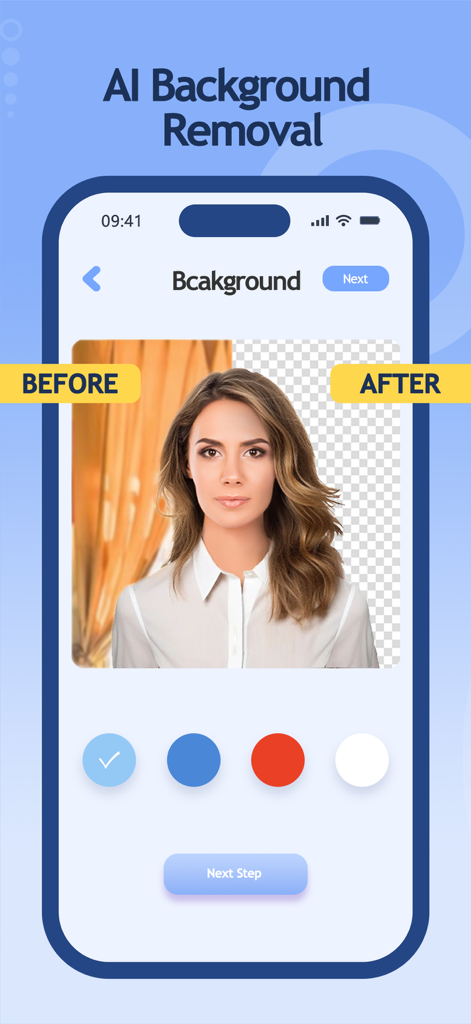Passport Photo Maker ID Photo・ - AI background removal feature in the Mei ID Photo app showing a before and after comparison for a passport photo