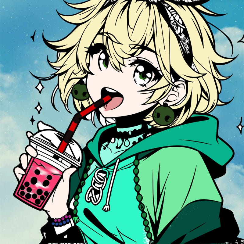 hot baddie anime girl drinking boba and biting the straw