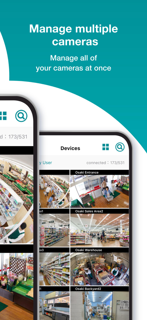 A smartphone showing the Safie Viewer app interface with a multi-camera grid view of various retail and warehouse locations.