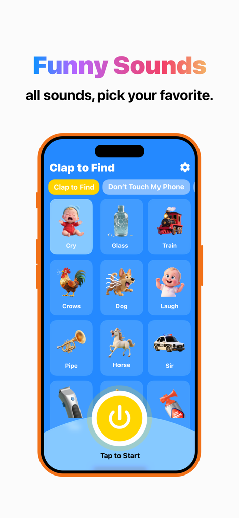 ClapTrack : Clap to Find Phone - Oberfläche der ClapTrack-App, die mehrere lustige Soundoptionen für die Klatschen-zu-finden-Funktion zeigt.
