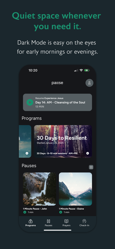 Pause: Prayer & Meditation - Pause app dashboard in dark mode showing guided meditation programs and one minute prayer sessions.