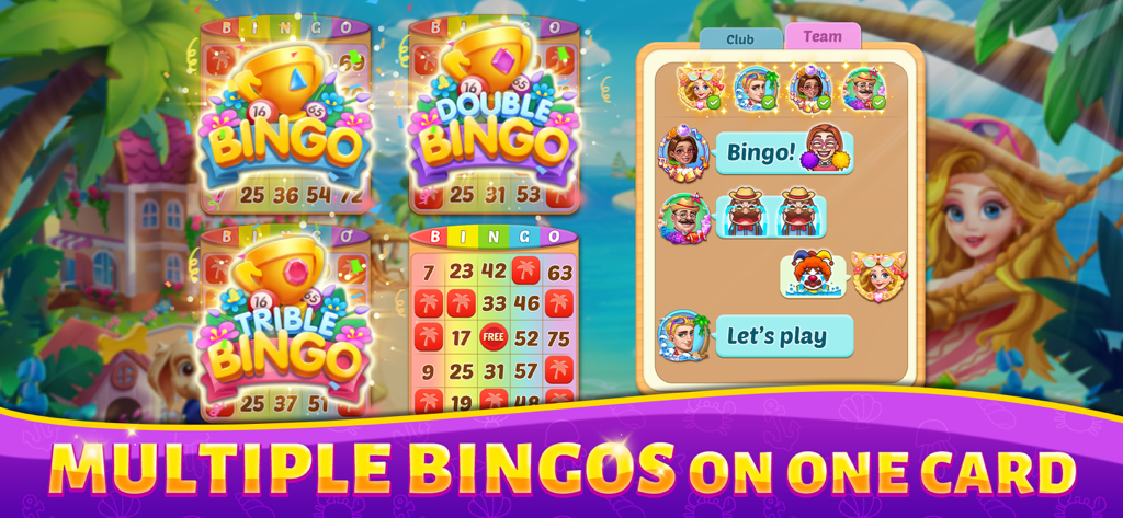 Bingo Rush - Club Bingo Games - Bingo Rush gameplay interface showing multiple bingo wins on cards and a social club chat panel.