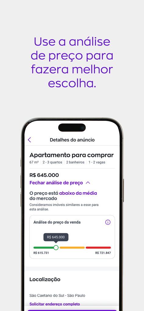 Herramienta de análisis de precios de la aplicación ZAP Imoveis que muestra un precio de apartamento por debajo del promedio del mercado