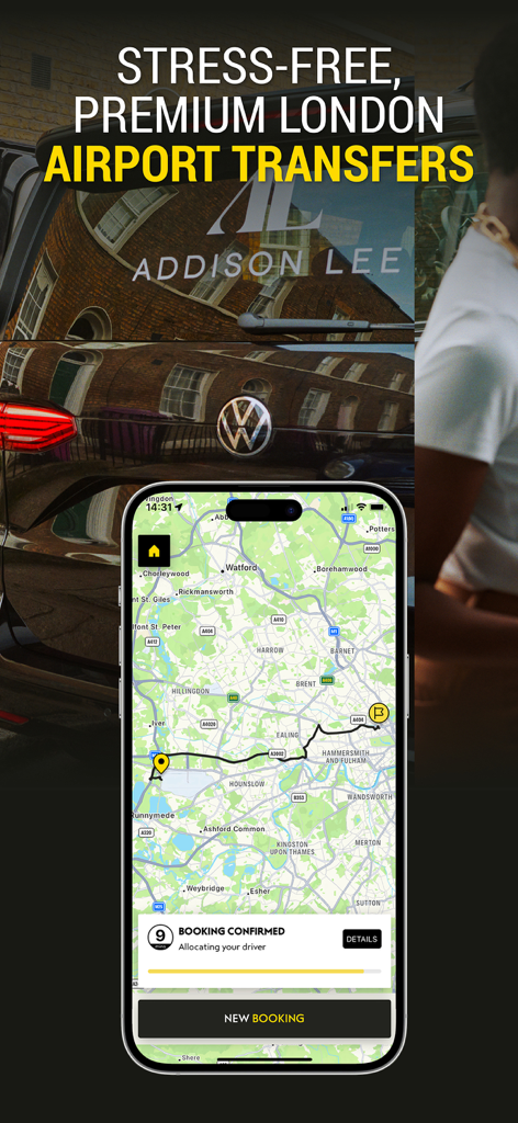 Addison Lee app displaying a confirmed airport transfer booking in London on a smartphone.