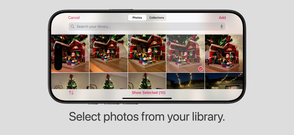 Stop Motion Stitcher - Interface of the Stop Motion Stitcher app showing a user selecting Lego photos from their device library