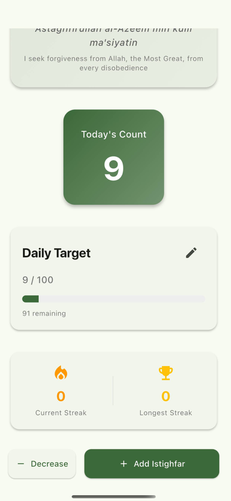 Istighfar Daily Dhikr Tracker - Istighfar counter app interface showing daily recitation progress and streak tracking