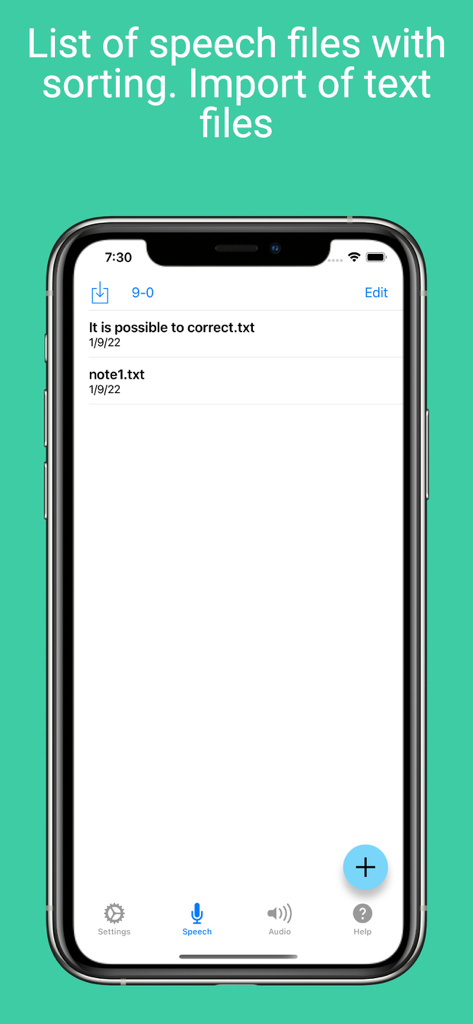 Voice Notebook - audio to text - Una captura de pantalla que muestra la lista de archivos de voz y texto en la aplicación Voice Notebook con opciones de ordenación e importación.