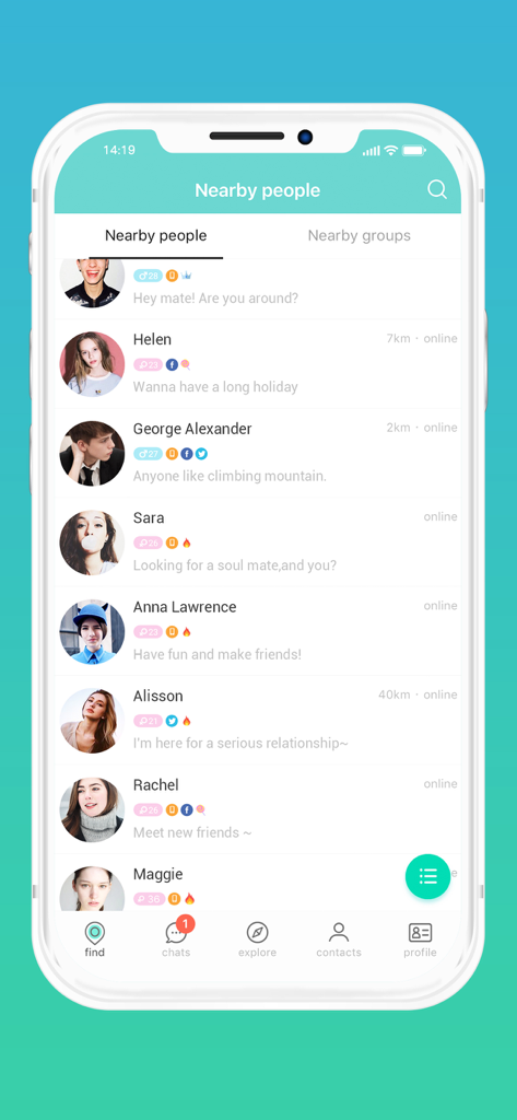 A mobile screen from SayHi Chat showing a list of nearby users with their profile photos, names, and online status.