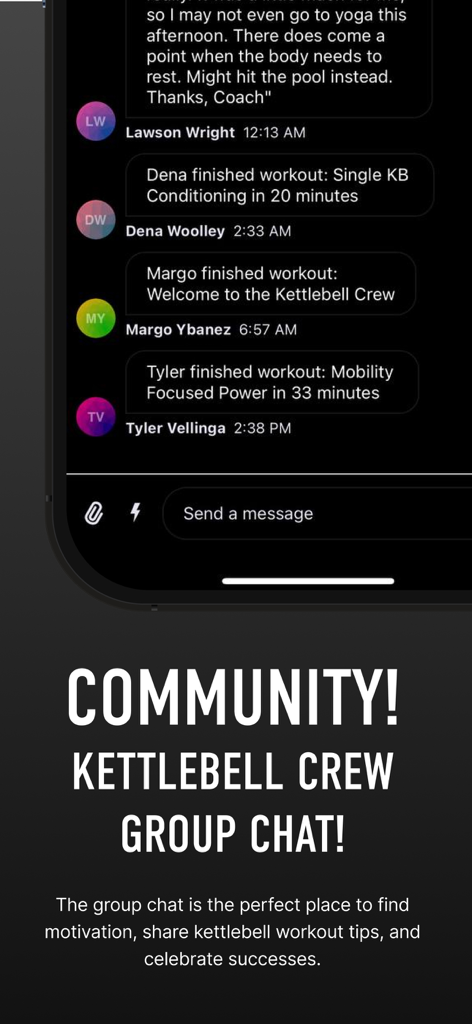 AFFit Kettlebell Workouts - A screenshot of the AFFit Kettlebell Workouts app showing the Kettlebell Crew group chat for community motivation.