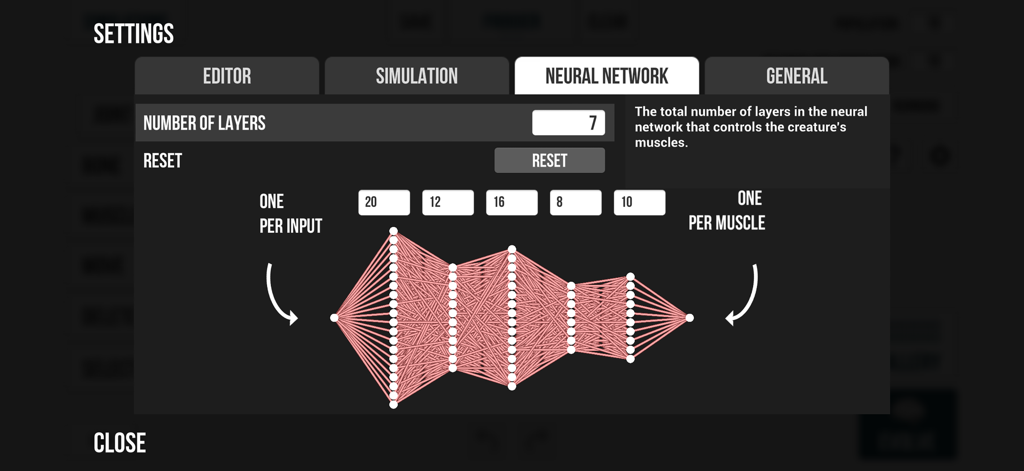 Evolution - Learning Creatures - 生物の動きの制御のための層とノードの視覚的な図を示すニューラルネットワーク構成インターフェイス。