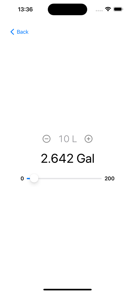 Gallons and Liters - Interfaccia dell'app Galloni e Litri che mostra una conversione di 10 litri in 2.642 galloni tramite uno slider e pulsanti di precisione.
