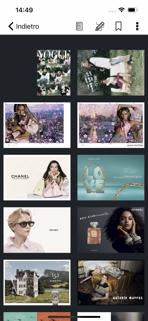 VOGUE ITALIA - A grid view of high fashion magazine pages and luxury brand advertisements within the Vogue Italia app