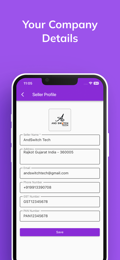 請求書ジェネレーターアプリの販売者プロファイル設定画面。会社名、住所、税務情報のフィールドが表示されています。