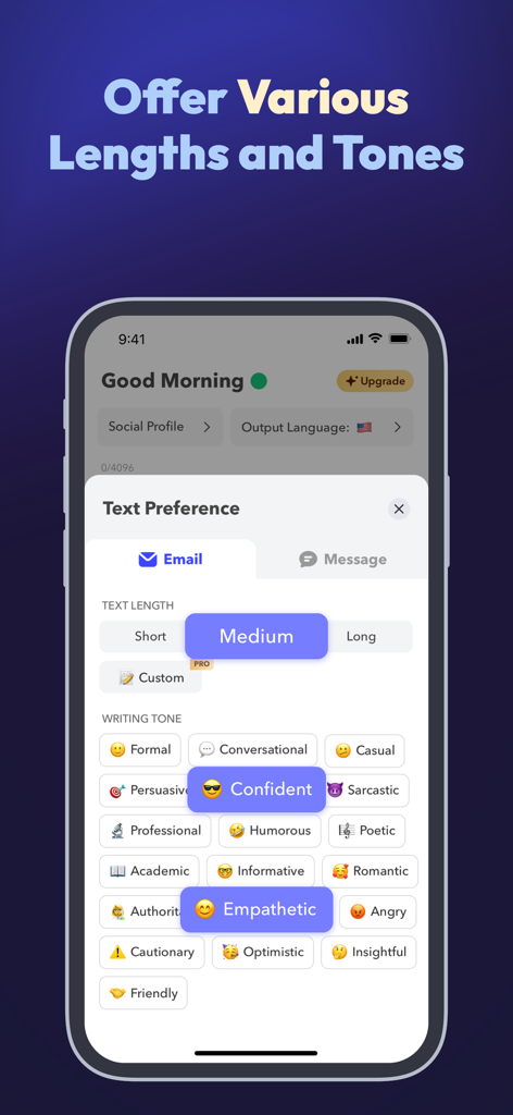 AI Email Generator: Xemail - Interfaz de la aplicación Xemail que muestra opciones para personalizar la longitud del correo de IA y elegir entre varios tonos de escritura como profesional y empático.