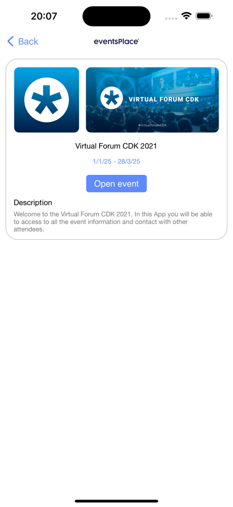 eventsPlace - A screen from the eventsPlace app showing the Virtual Forum CDK 2021 event information and an open event button