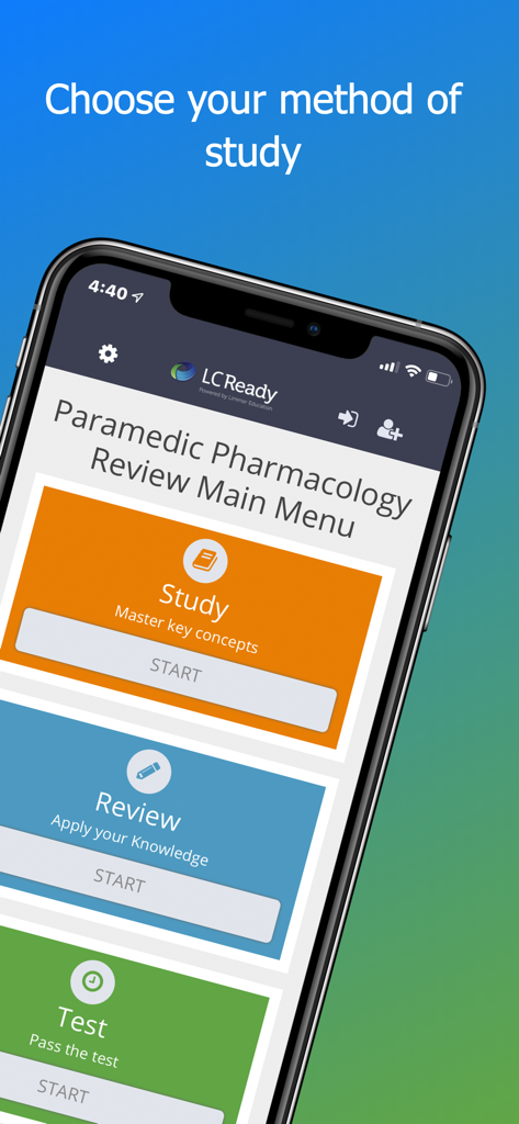 Main menu screen of the Paramedic Pharmacology Review app showing study review and test options