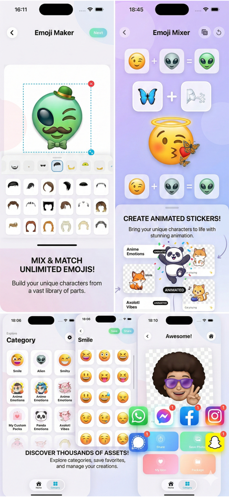 Emoji Maker - Personal Creator - Interface of Emoji Maker app showing custom emoji creation mixing tools and animated sticker library