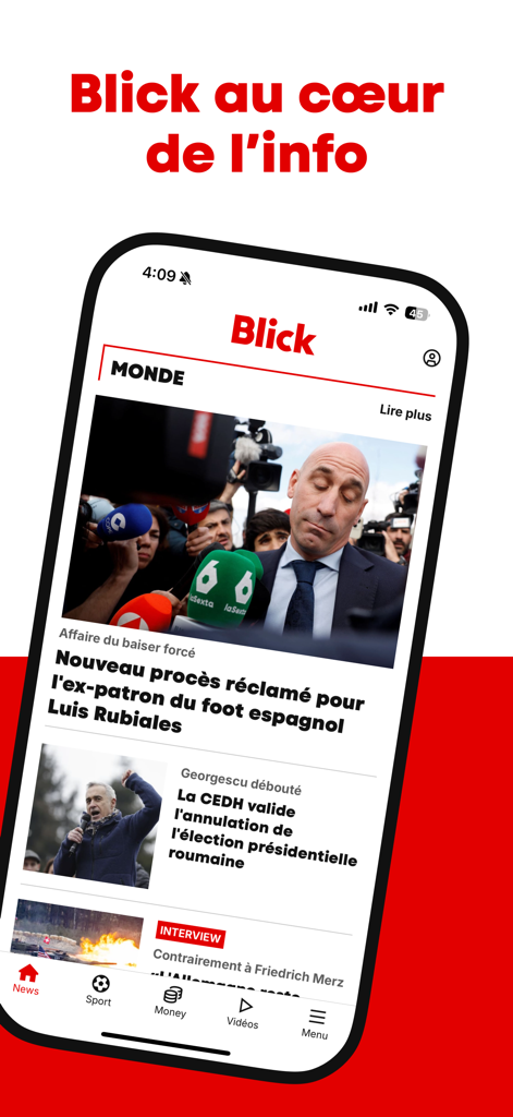 Blick news app home screen displaying international headlines in French.