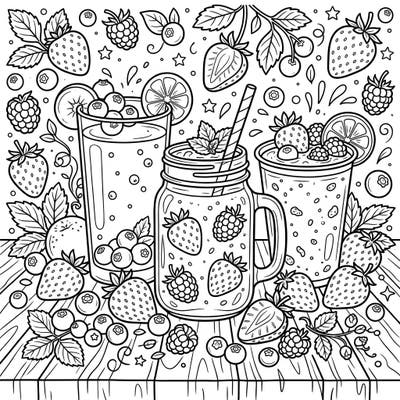 Quench your creative thirst with this delightful coloring page featuring an assortment of vibrant berry smoothies and juices. Surrounded by an abundance of fresh strawberries, blueberries, and raspberries, it's a perfect blend of fun and relaxation.