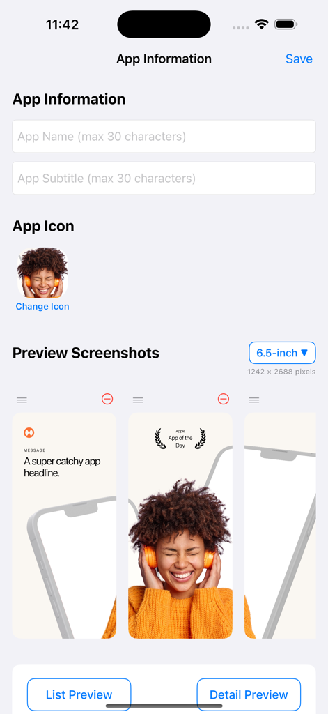 Preview App - Store Simulator - Una pantalla para editar detalles de la app y previsualizar capturas de pantalla de la tienda para varios tamaños de iPhone