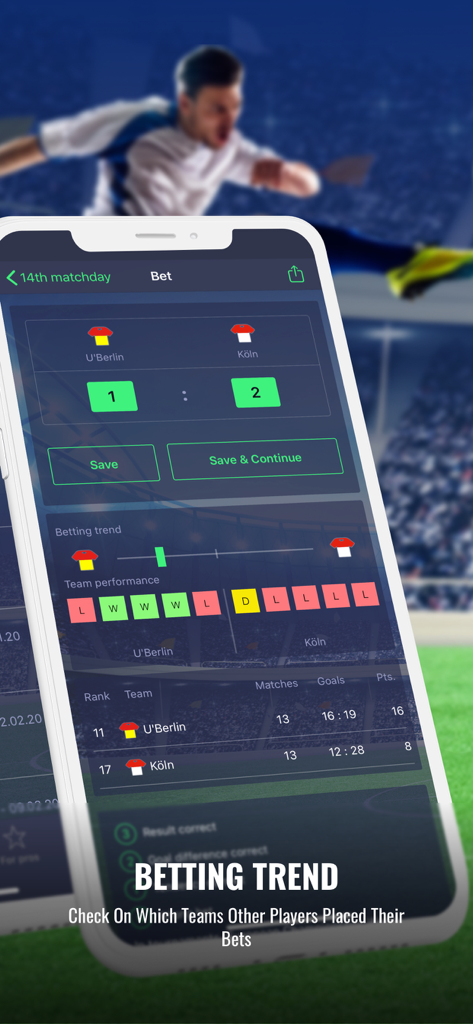 Mobile app screen showing soccer betting trends and team performance statistics in Predictor for Friends.