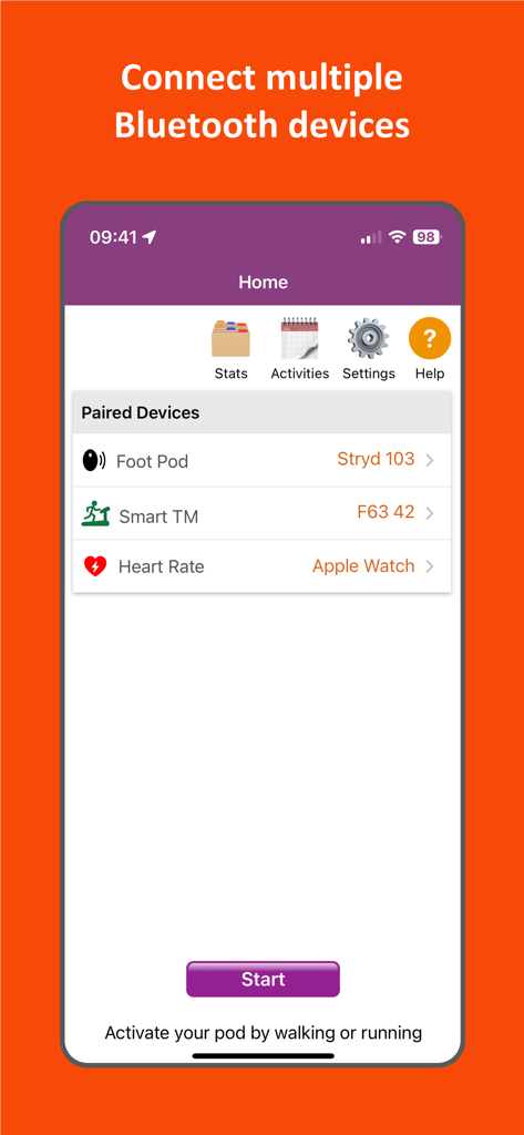 RunCline - RunCline app interface showing paired Bluetooth fitness devices including foot pod smart treadmill and heart rate monitor