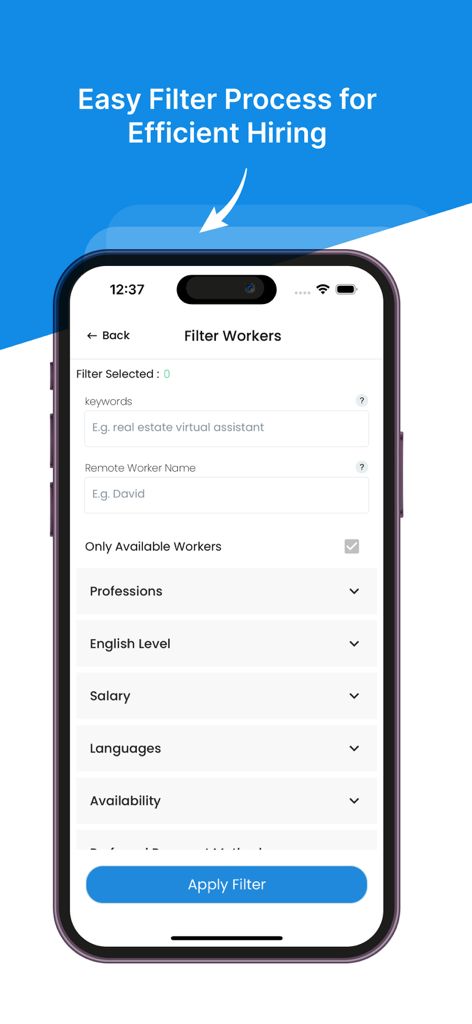 Pros Marketplace - Pantalla de la aplicación móvil que muestra filtros de búsqueda avanzados para la contratación eficiente de profesionales remotos en Latinoamérica