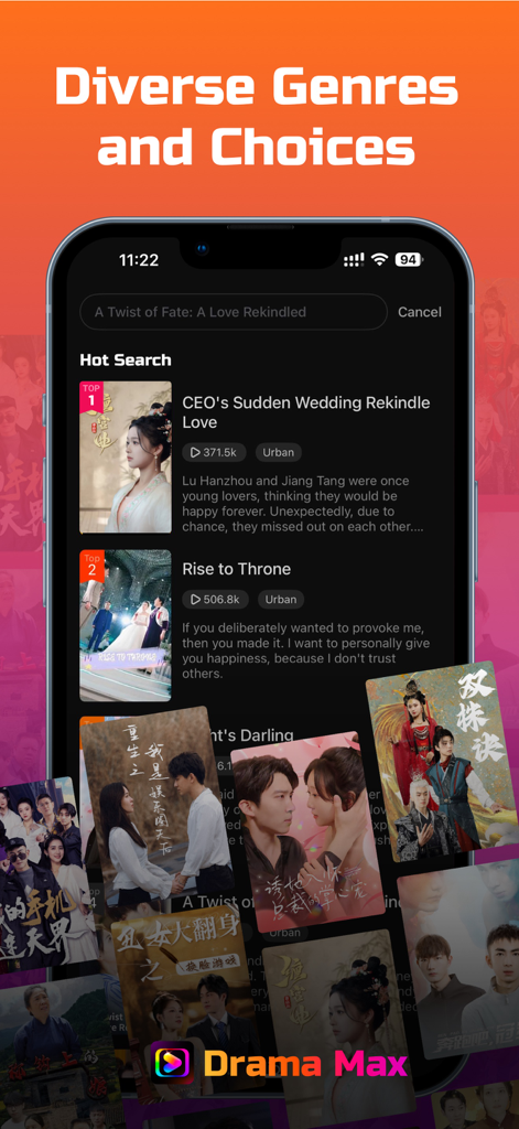 Drama Max - Short Drama Reels - Interfaccia dell'app Drama Max che mostra generi diversi e drammi brevi di tendenza