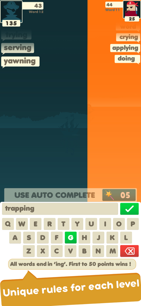 Word War - Word Battle Games - Jogabilidade de Word War mostrando uma batalha de palavras competitiva com uma regra de nível única onde todas as palavras devem terminar em 'ing'