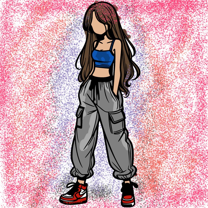 girl in baggy pants crop top and long hair