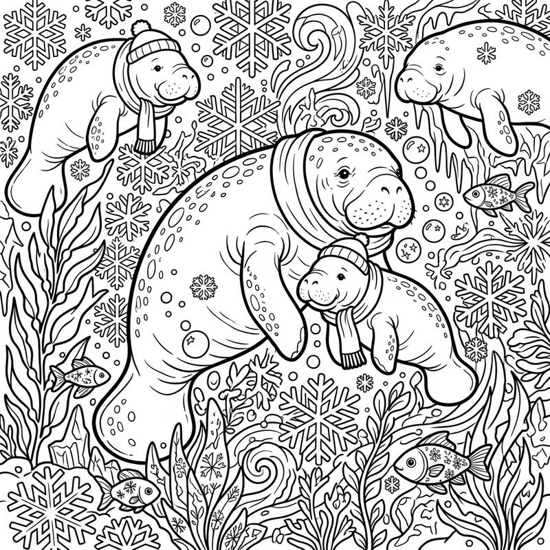 Explore a heartwarming winter scene where adorable manatee calves swim amongst festive snowflakes and underwater foliage. This charming coloring page brings the magic of the season to the gentle giants of the sea.