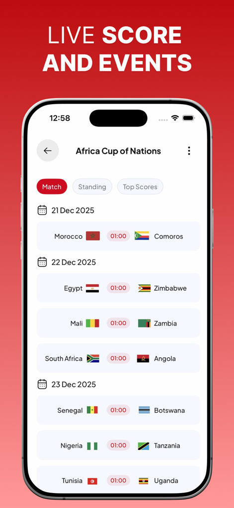 Yacine Live Score TV Player - Mobilgerät zeigt Spielpläne und Live-Ereignisverfolgung des Africa Cup of Nations